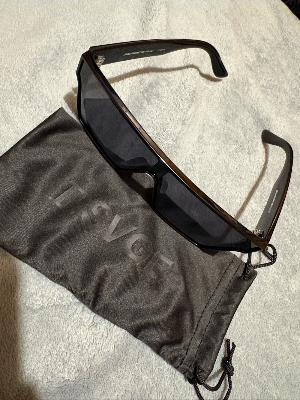 Men’s Black Shield Sunglasses with Dark Lenses and Soft Pouch